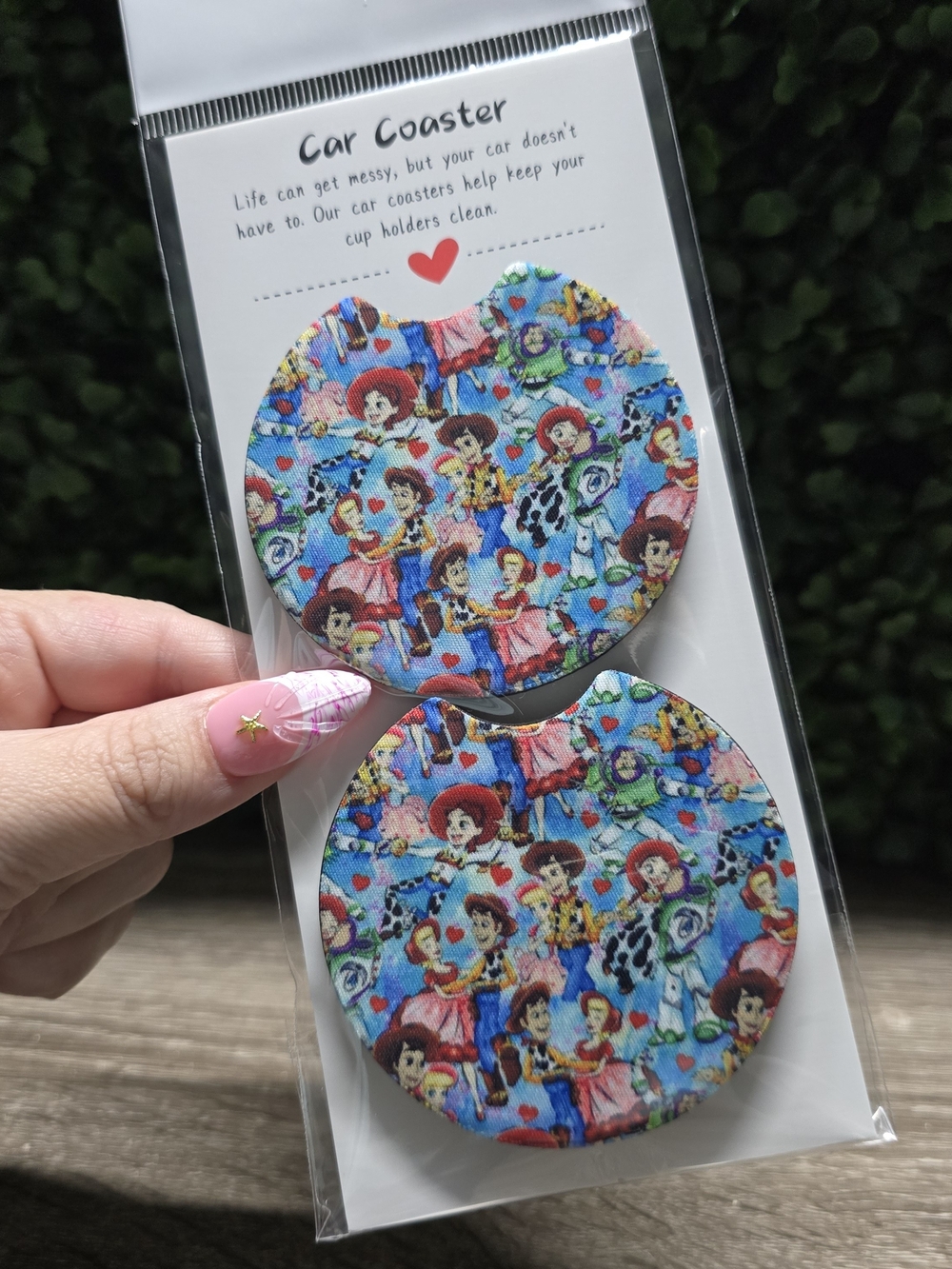 Blue Patterned Car Coasters - Toy Character Print